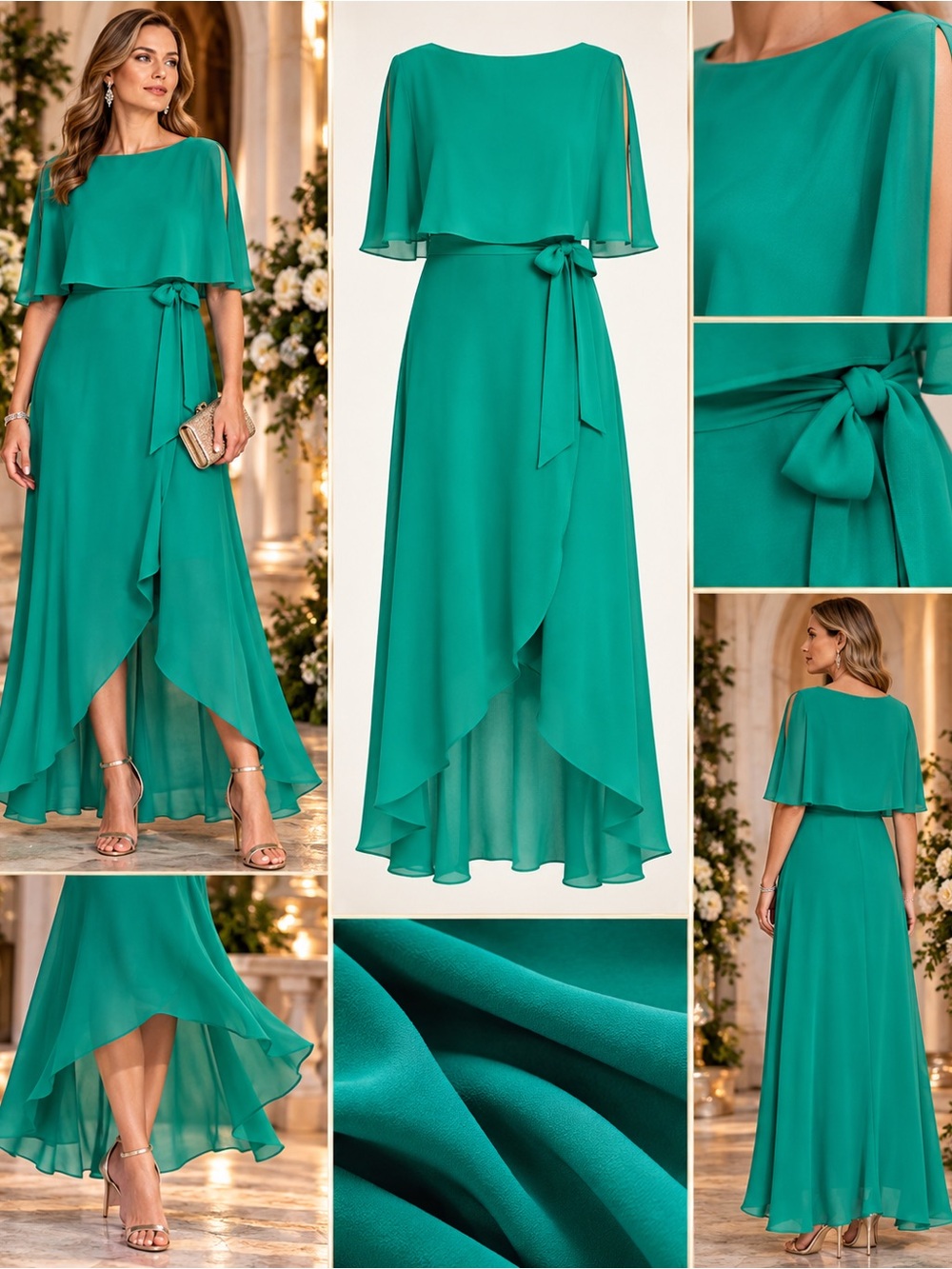 Jessica Howard Green High Low Cape Sleeve Dress Size 12 NWT